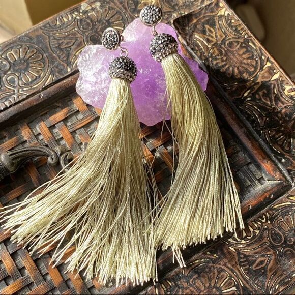 Tassel Shimmer Green & Austrian Crystal Earrings - Picture 3 of 7